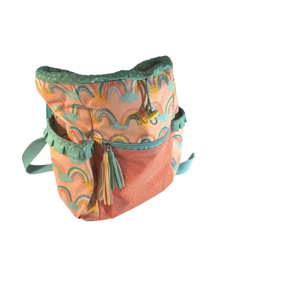 Matilda Jane Rainbow Sun Pink Teal Pom Pom Tassel Drawstring Backpack Bag